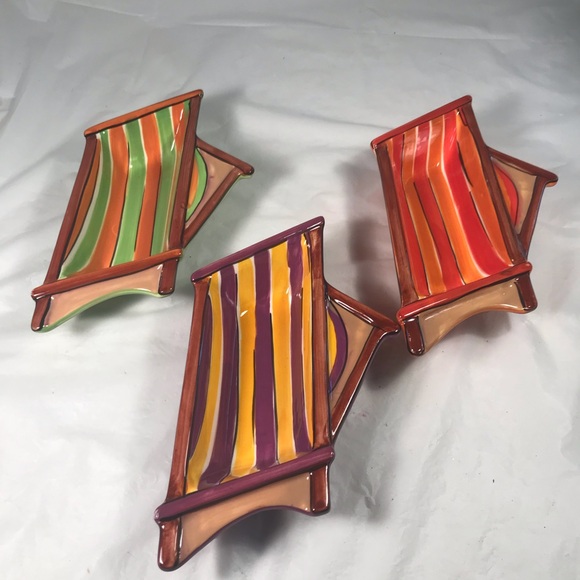 Clay Art Set of 3 Colorfully Striped Ceramic Serving Dip Chip Condiment Bowls - Picture 1 of 7